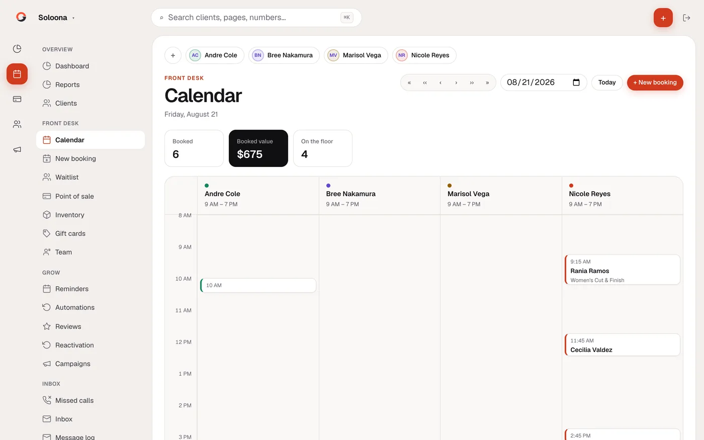 The Soloona calendar, a column per stylist